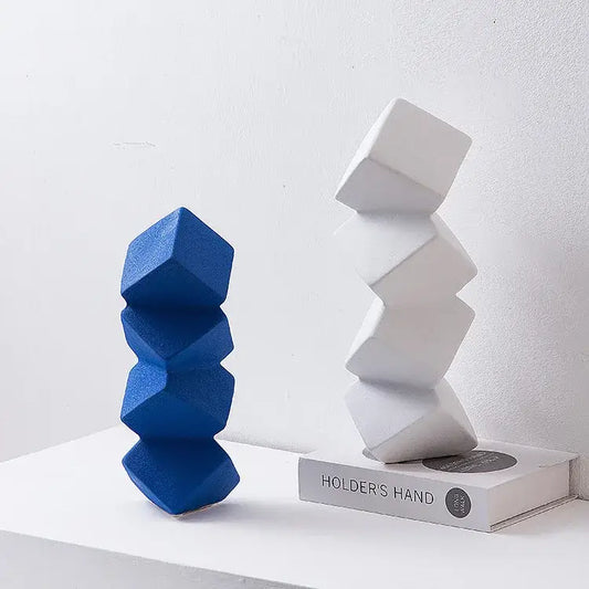 Modern blue geometric square ceramic sculpture stack with faceted cubes for living room decorbites geometric square decor