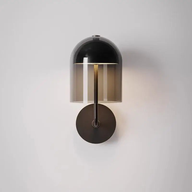 Modern black dome wall sconce lamp with gradient smoked glass shade and brushed metal base for stylish lighting