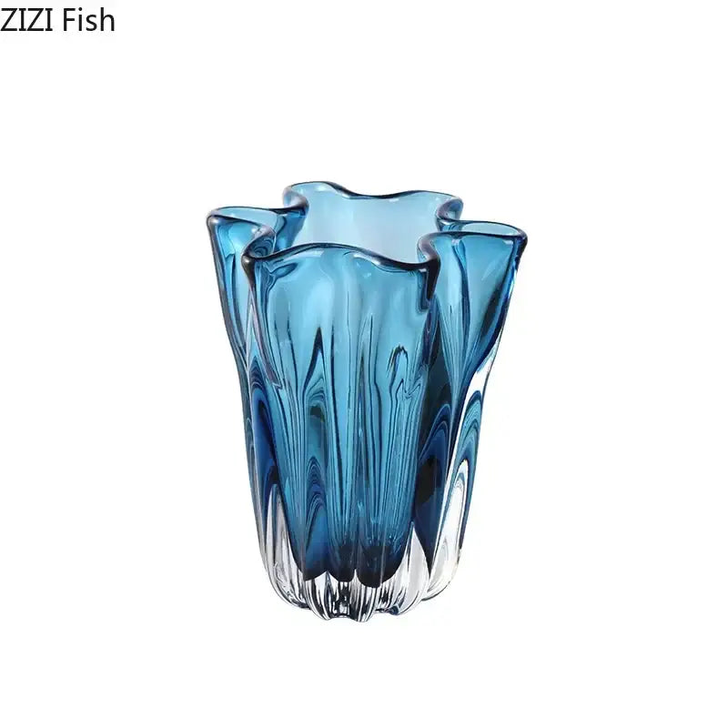 Translucent blue glass hydroponic vase with fluted petal rim and vertical ridges ideal for office desk decorbites blue glass