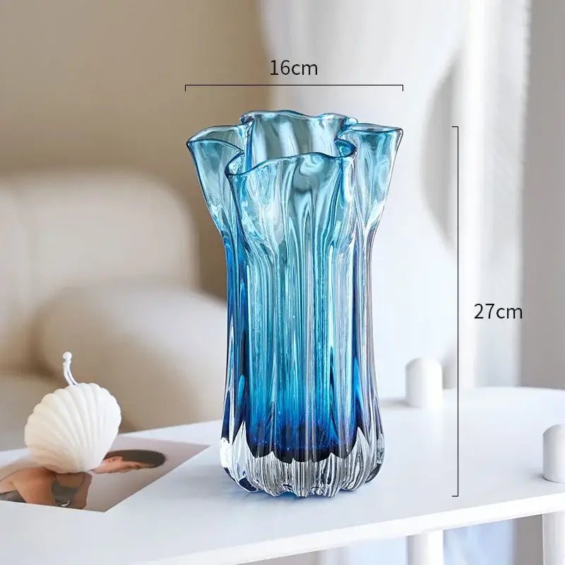 Modern blue glass hydroponic vase with fluted ruffled rim and vertical ridges for office desk decorbites blue glass decor