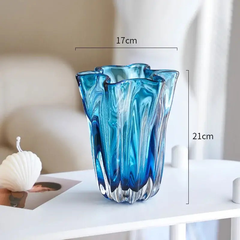 Modern blue glass hydroponic vase with wavy fluted rim and vertical ridges for office desk decorbites blue glass decor