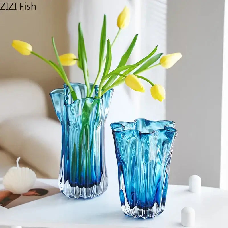 Two translucent blue glass hydroponic vases with wavy ribbed design and clear crystal bases for office decorbites decorbites blue glass hydroponic vase