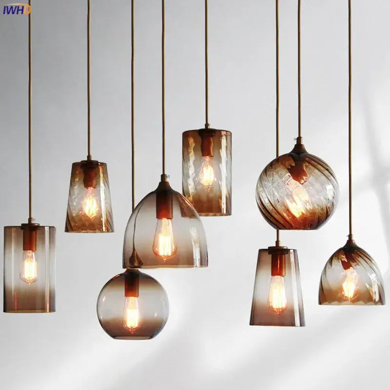 Modern blue glass led pendant lamp set featuring amber-tinted textured hand-blown glass led pendant with edison bulbs