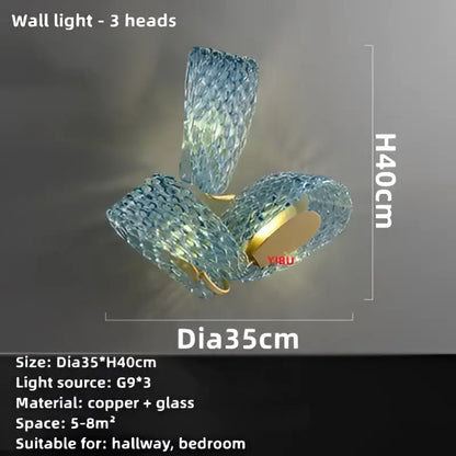Modern blue glass led pendant lamps with textured blue glass and copper accents for stylish bedroom chandelier lighting