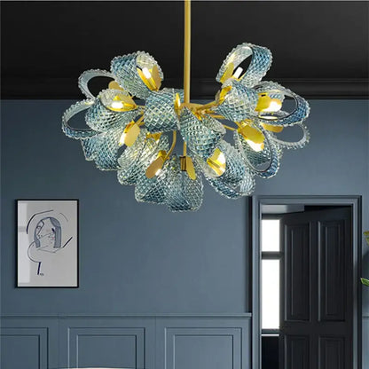 Modern blue glass led pendant lamps featuring a delicate light blue glass chandelier with gold-toned decorbites blue glass frame