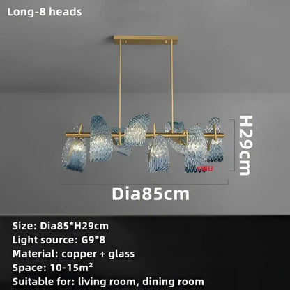 Gold-toned modern pendant lamps with eight translucent blue glass led shades on copper arms for bedroom decorbites blue glass lighting