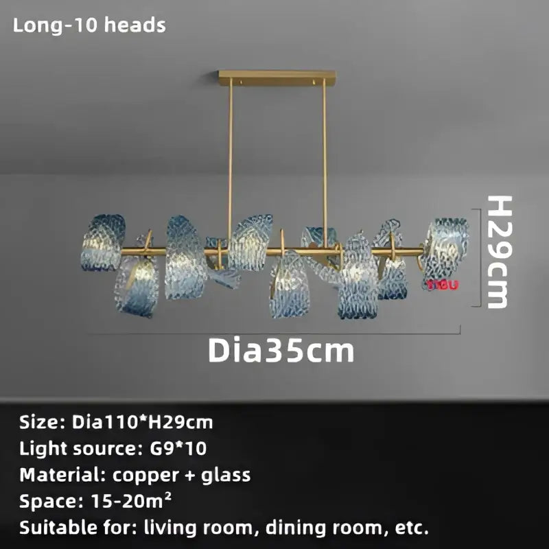 A modern hanging chandelier featuring ten blue glass led pendant lamps with gold copper frame for dining room decorbites blue glass