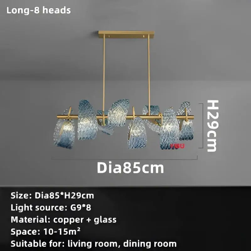 Gold-toned pendant lamps with eight translucent blue glass led shades and copper arms for modern dining room decorbites blue glass