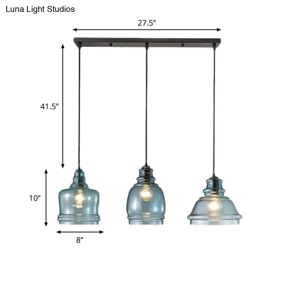 مصباح معلق متعدد الألوان من الزجاج الأزرق الحديث لغرفة الطعام مع مظلة سوداء - 3 مصابيح