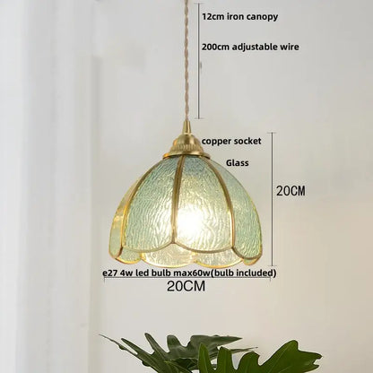 Modern blue and gold butterfly glass led pendant light with green translucent shade brass accents and copper socket