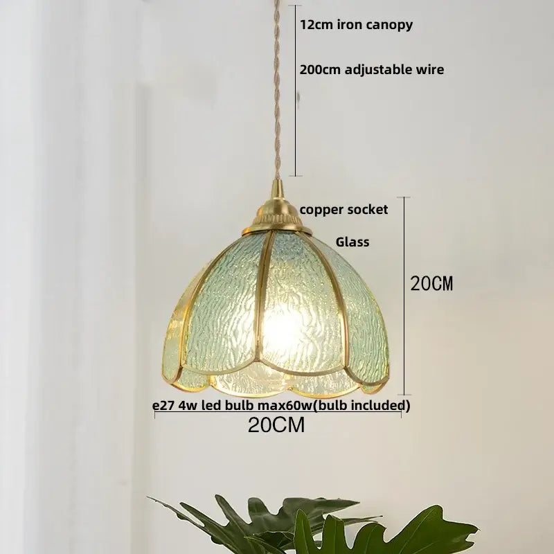 Modern blue and gold butterfly glass led pendant light with green translucent shade brass accents and copper socket