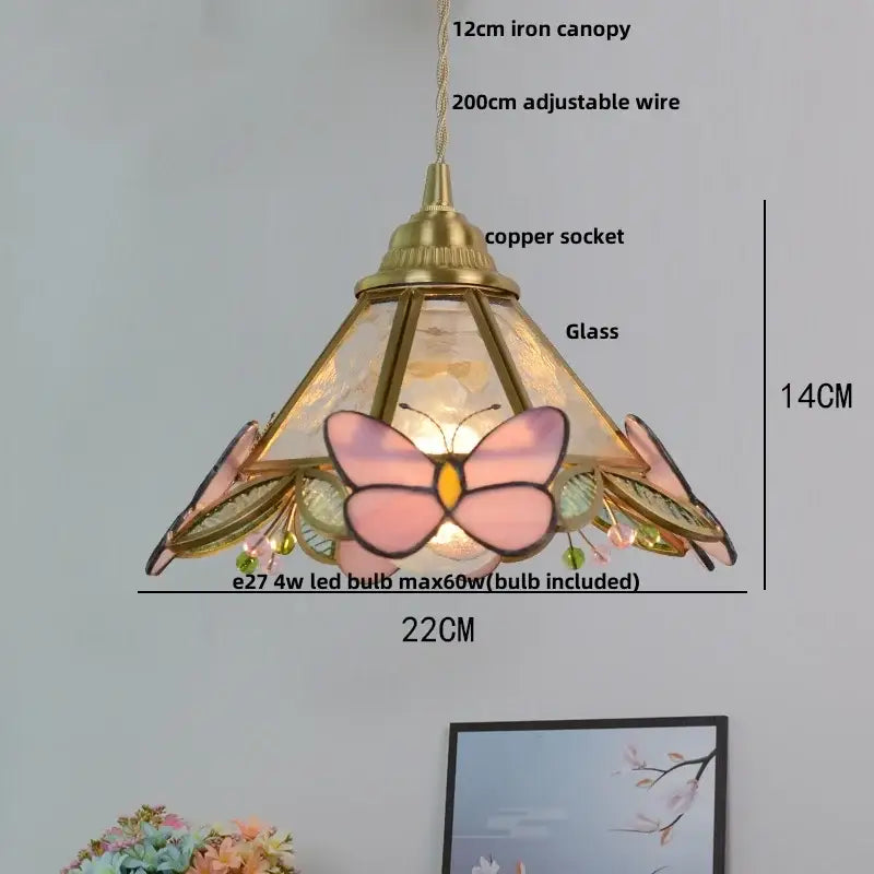 Modern blue and gold butterfly glass led pendant light with delicate pink butterfly motif and brass accents for kitchen decorbites pendant light
