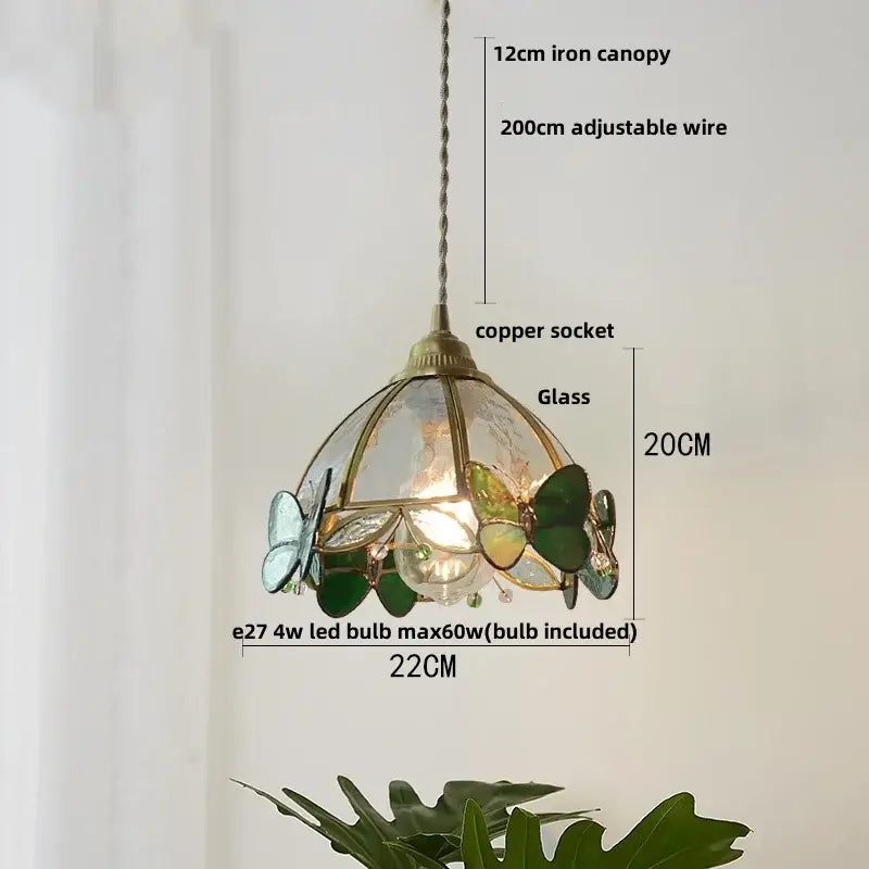 Modern blue and gold butterfly glass led pendant light with stained-glass butterfly motifs and copper socket decorbites butterfly glass