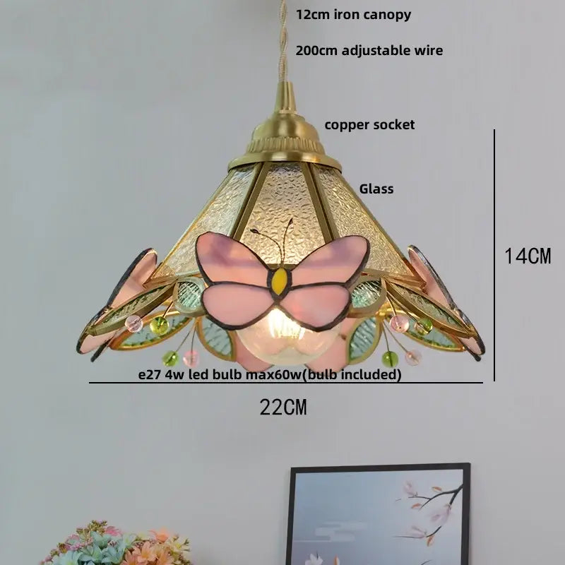 Modern blue and gold butterfly glass led pendant light with delicate pink decorbites butterfly glass and brass canopy