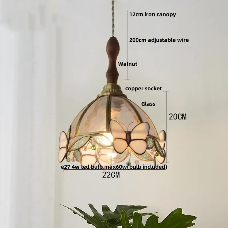 Modern blue and gold butterfly glass led pendant light with walnut wood top and copper socket for kitchen decorbites butterfly glass design