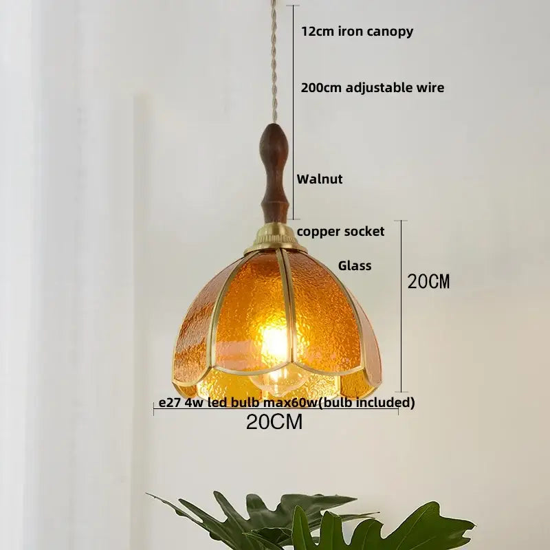 Modern blue and gold butterfly glass led pendant light with warm amber glass, walnut-finished iron canopy, and copper socket