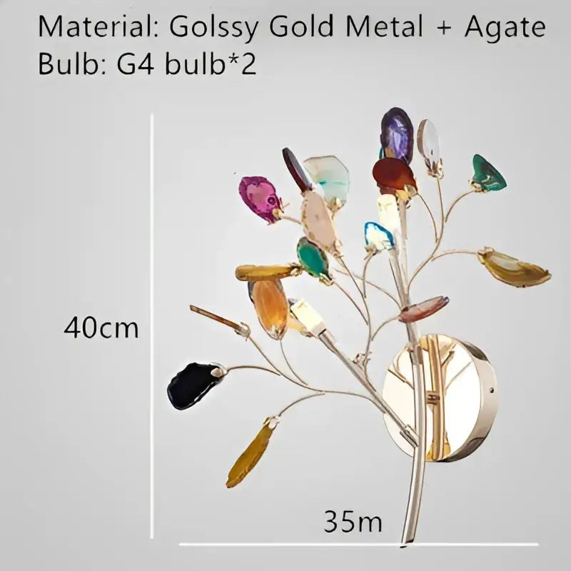 Modern blue and green decorbites agate chandelier with colorful led lighting and gold-toned tree branch wall sconce design