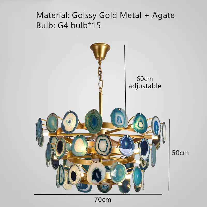 Modern decorbites agate chandelier with blue and green translucent agate slices and gold frame for colorful led lighting