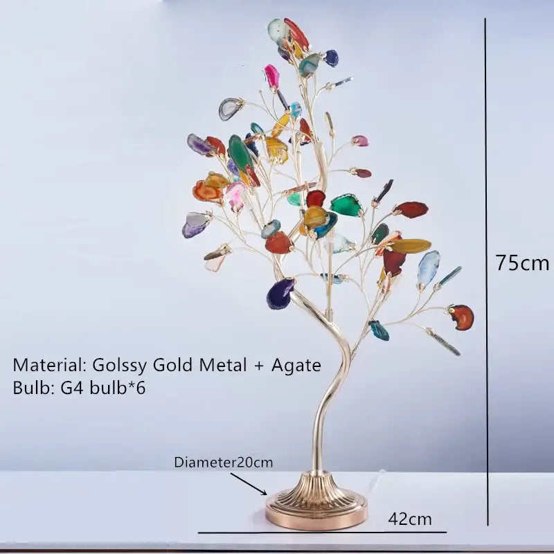 A 75cm tall decorbites agate chandelier tree sculpture with colorful led lighting and gold metal base for dining room decor