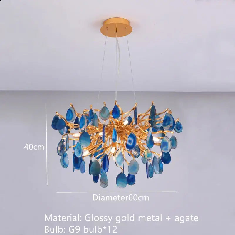Elegant decorbites agate chandelier with blue and green agate stones, glossy gold arms, and colorful led lighting for dining room decor