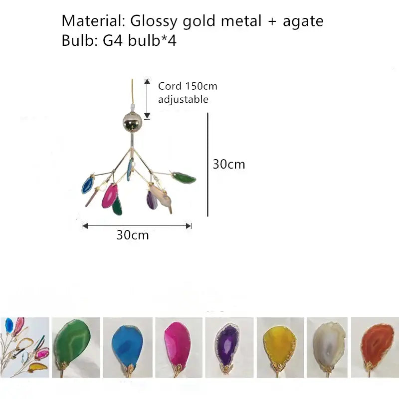 Glossy gold metal decorbites agate chandelier with four colorful agate pendant bulbs for dining room led lighting