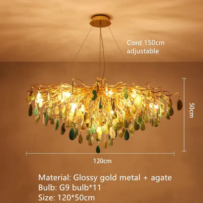 A decorbites agate chandelier with glossy gold branches and green agate stones for modern colorful led lighting