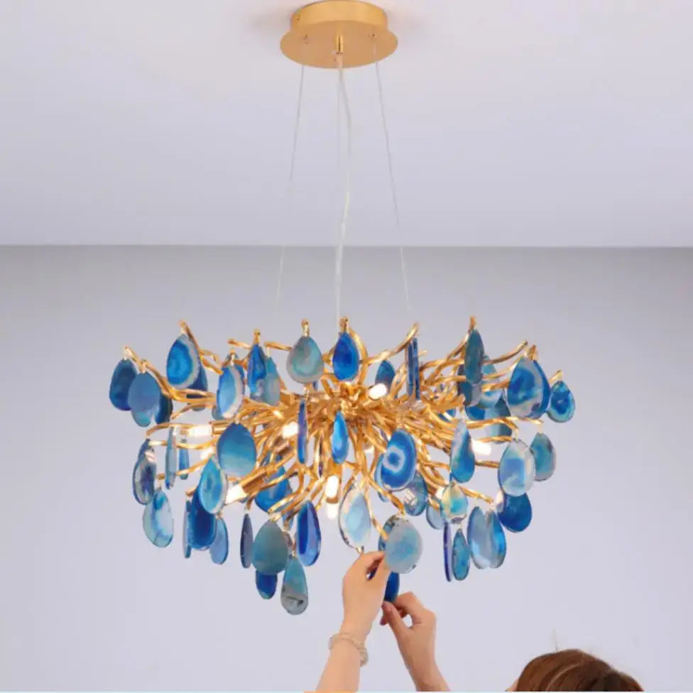Modern decorbites agate chandelier with golden branches and translucent blue agate slices for colorful led lighting