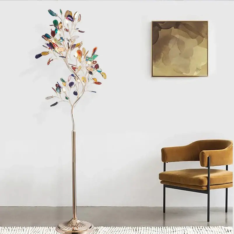 Modern decorbites agate floor lamp with colorful led lighting featuring translucent leaf ornaments in blue green and gold