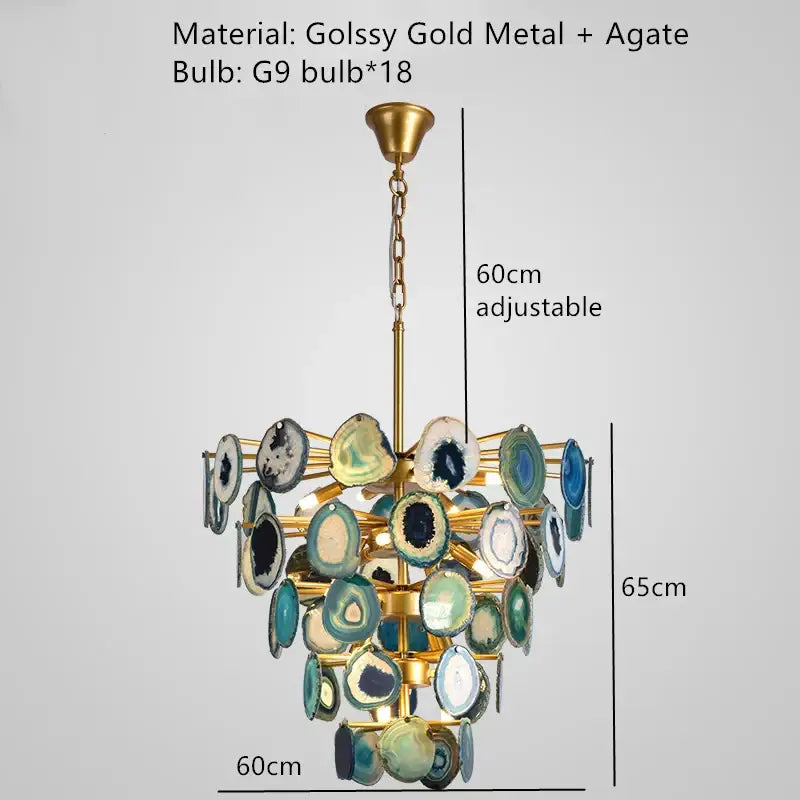 A tiered decorbites agate chandelier with glossy gold frame and blue green agate slices for colorful led lighting