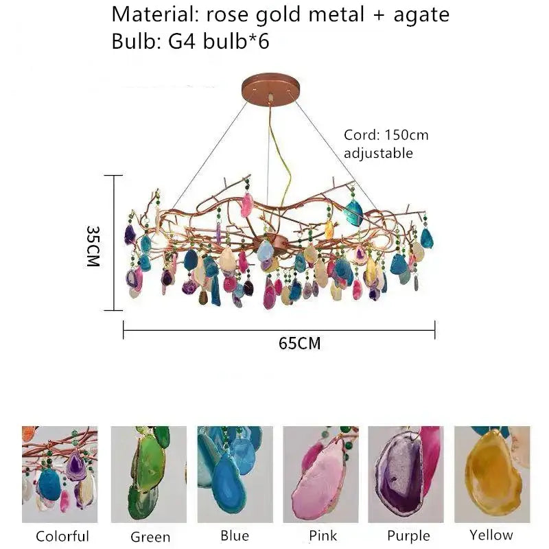 Modern blue and green decorbites agate chandelier with rose gold metal and colorful led lighting for dining room decor