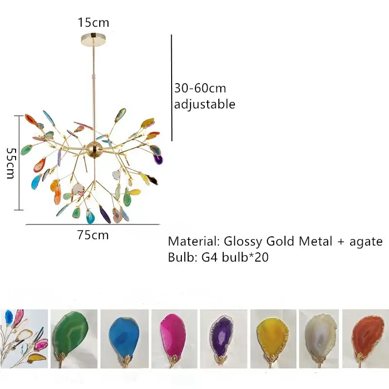Modern blue and green decorbites agate chandelier with glossy gold arms and colorful led lighting for dining room decor