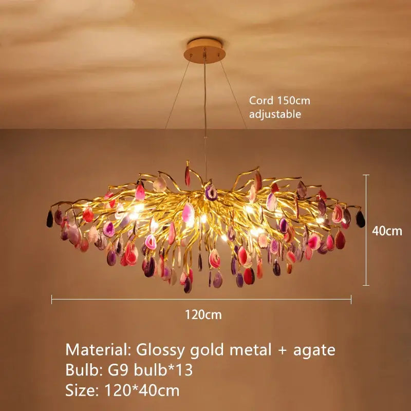 Modern blue and green decorbites agate chandelier with colorful led lighting and glossy gold metal arms for dining room decor