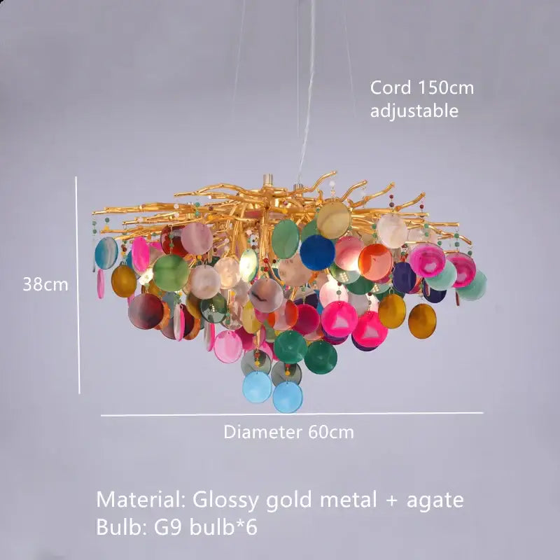 Modern blue and green agate chandelier with glossy gold branches and colorful led lighting by decorbites agate for dining room decor