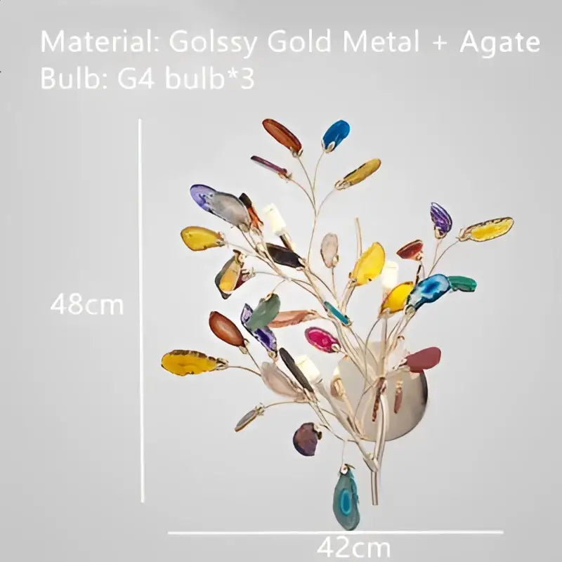 A vibrant decorbites agate chandelier featuring glossy gold metal and colorful blue and green agate stones for dining room led lighting