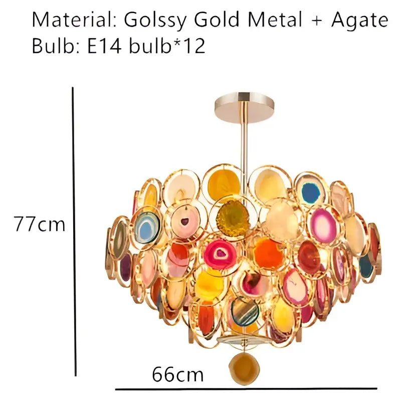 Modern blue and green decorbites agate chandelier with colorful led lighting in a glossy gold metal frame for dining room decor