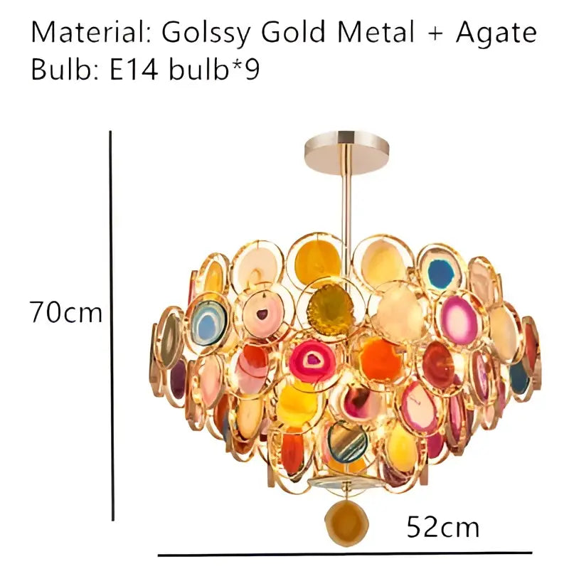 Modern blue and green decorbites agate chandelier with glossy gold frame and colorful led lighting for dining room decor