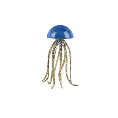 A modern blue and green decorbites crystal jellyfish sculpture with gold-toned tentacles for living room decor