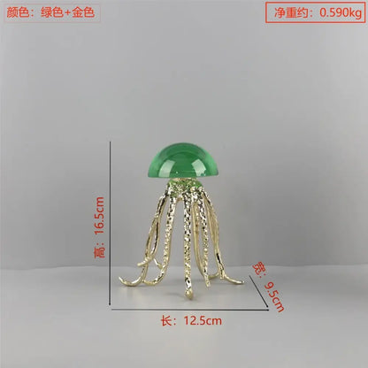 A decorbites crystal jellyfish sculpture with a translucent green dome and gold-toned textured tentacles for living room decor