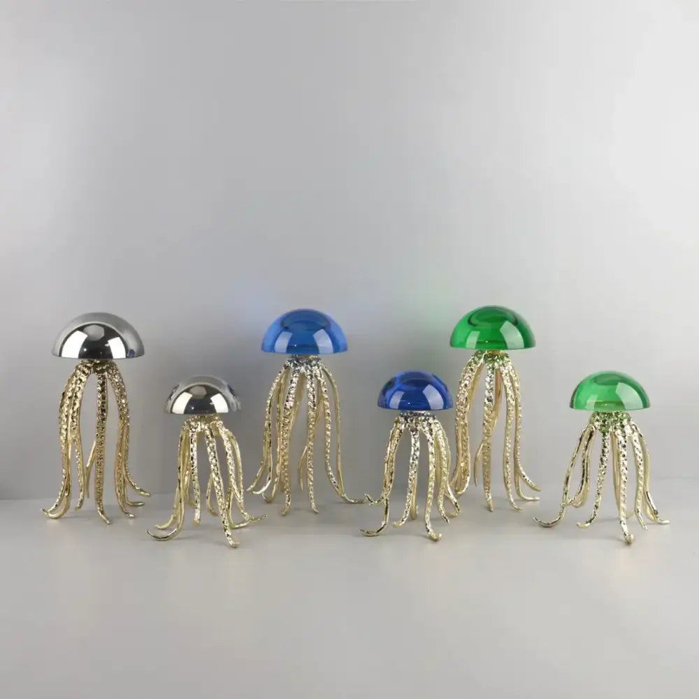 Set of six decorbites crystal jellyfish sculpture figurines with blue green domed tops and gold metallic tentacles for decor