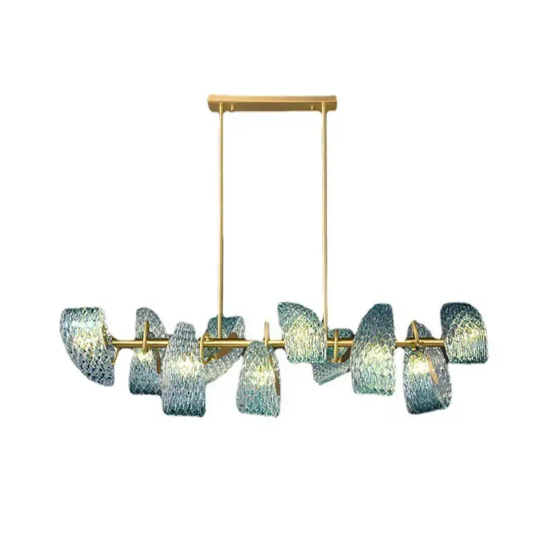 Modern blue and green decorbites glass chandelier with gold-toned frame and iridescent teal shades for dining room light