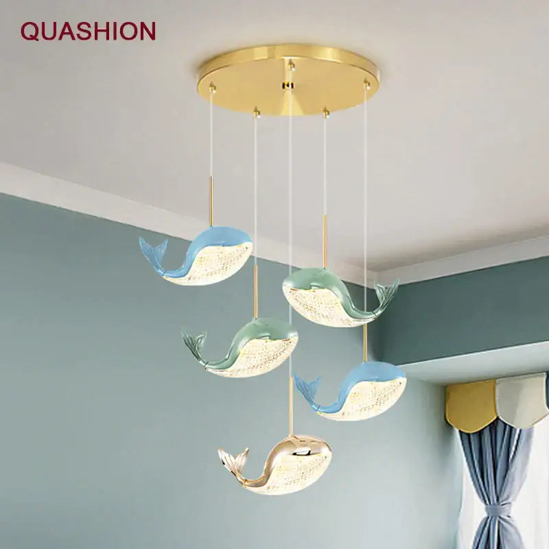 Quashion modern decorbites dolphin chandelier with five blue green and gold whale fixtures and textured white interior