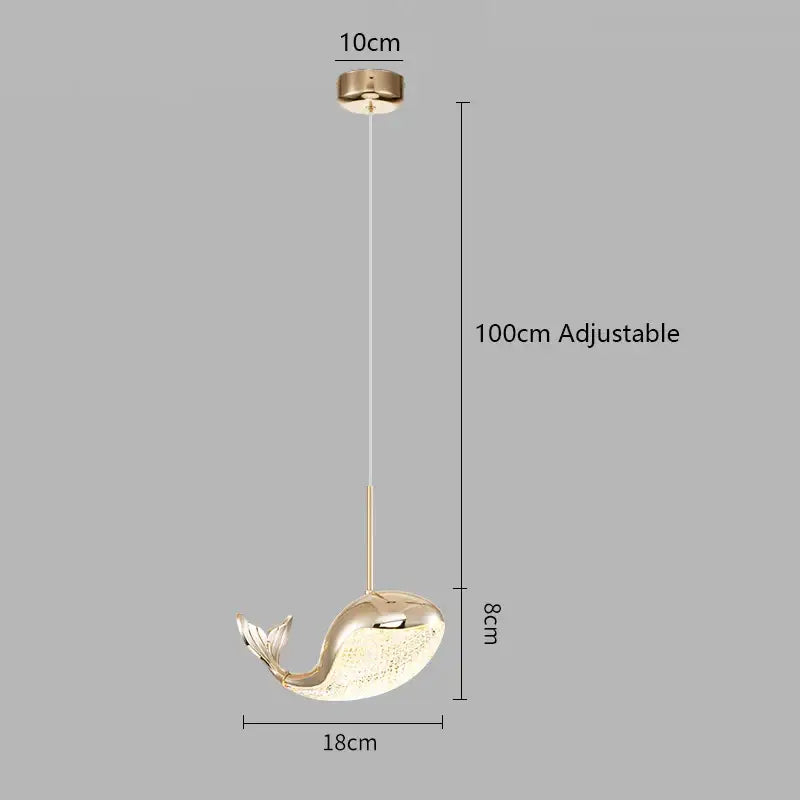 Gold-toned whale-shaped decorbites dolphin chandelier with sleek reflective finish and adjustable hanging length for bedroom lighting