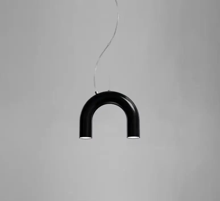 Modern blue metal arch chandelier featuring a black u-shaped pendant light with sleek glossy finish and minimalist design