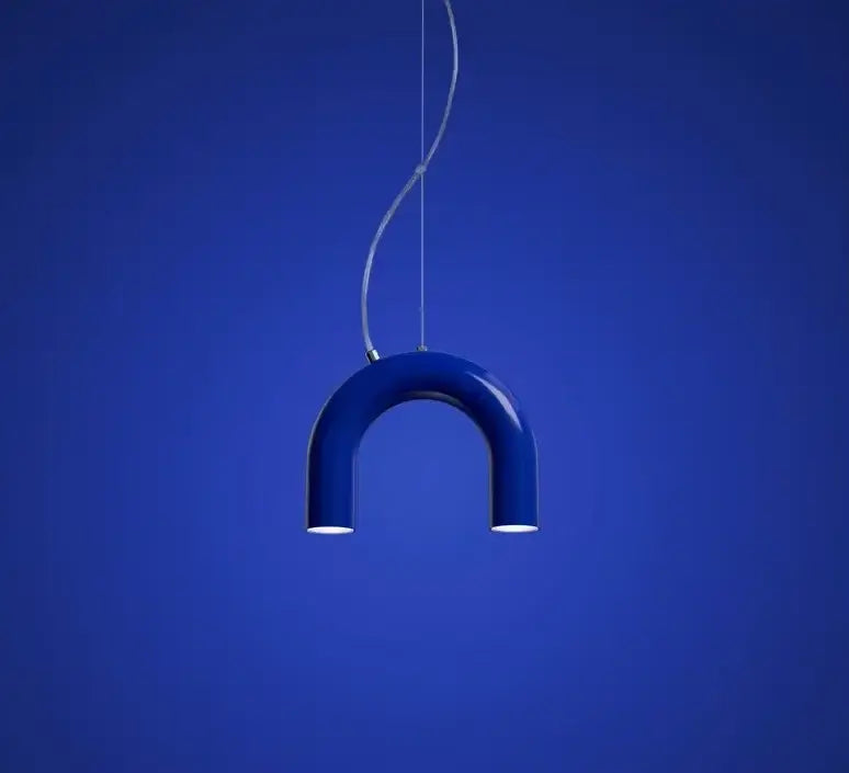 Modern blue metal arch chandelier with sleek curved design and illuminated ends for kitchen pendant light decorbites blue metal