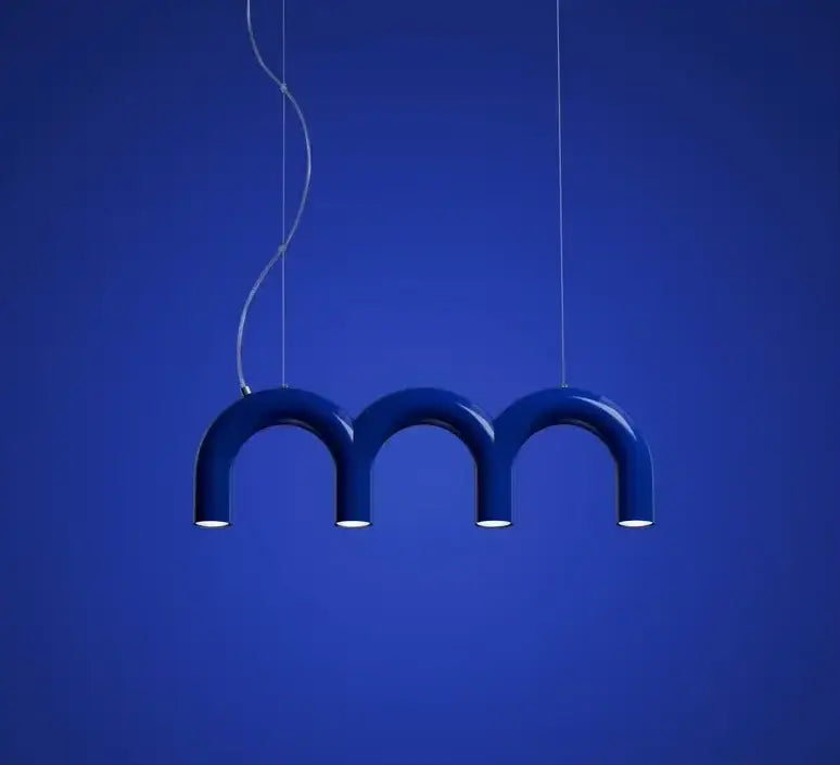 Modern blue metal arch chandelier featuring a blue u-shaped metal arch pendant light with three curved segments suspended by thin cords