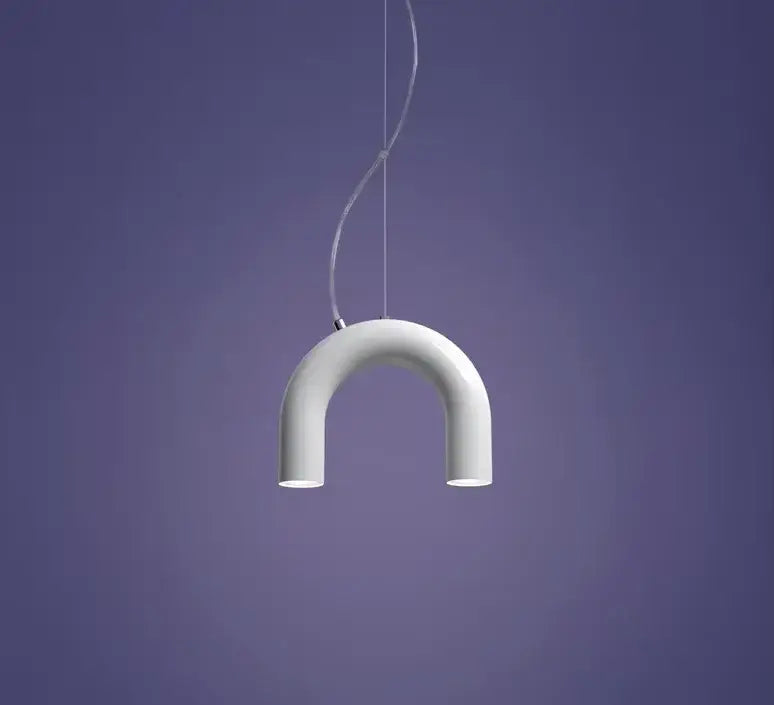 Modern blue metal arch chandelier featuring a white u-shaped pendant light with a sleek matte finish decorbites blue metal