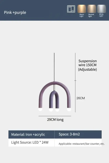 Modern design pendant light with pink and purple arched iron and acrylic construction for dining room use
