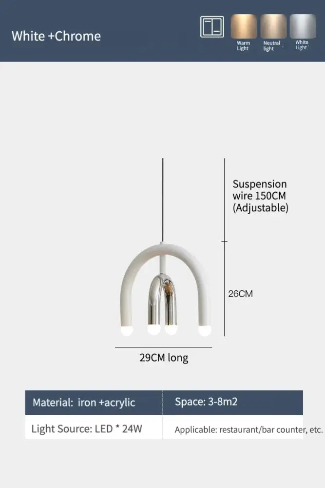 White and chrome modern pendant light with sleek curved design perfect for modern design dining room spaces under square meters