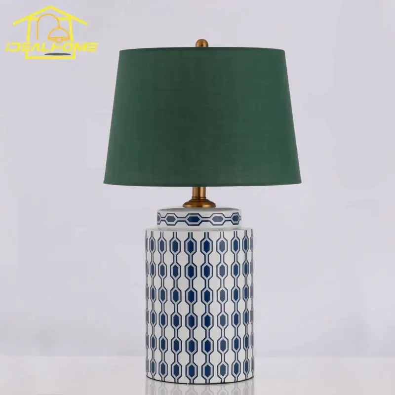 Modern blue orange ceramic table lamp with white base blue geometric patterns and deep green shade for bedroom desk decorbites blue orange
