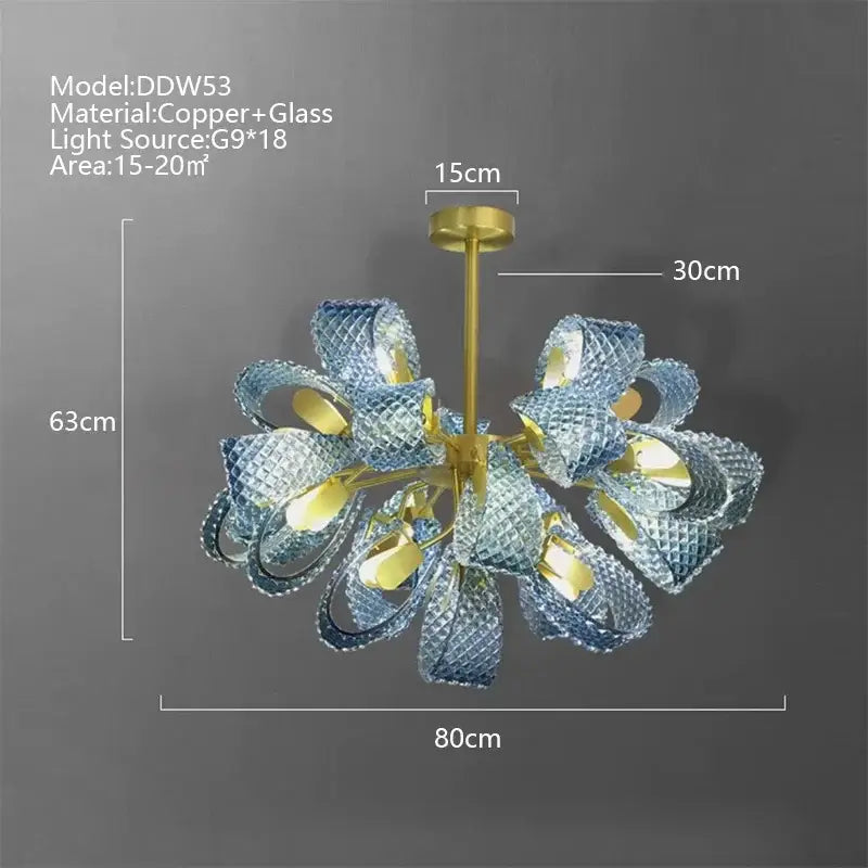 A modern blue peacock leaf glass chandelier with gold-toned copper frame and diamond-cut translucent petals